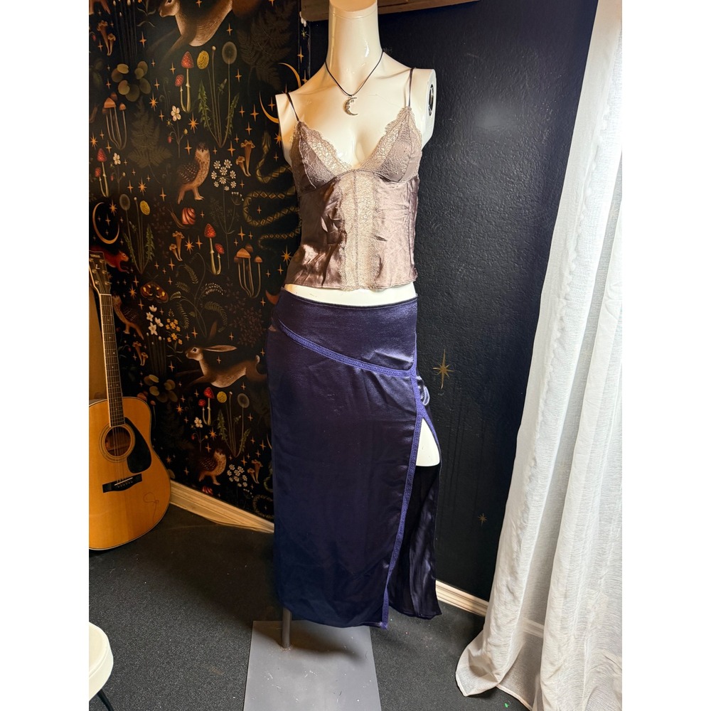 Free People Navy Blue Satin Lace Trim Maxi Skirt High Slit Size 4